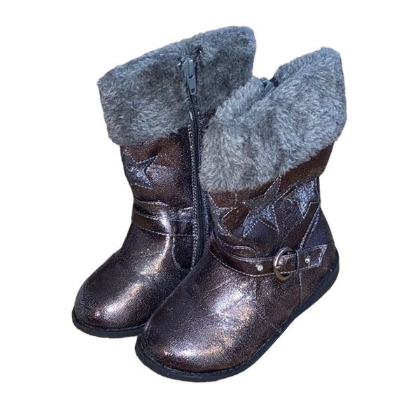 •UNLISTED•LIKE NEW PEWTER ELSA STAR LITTLE GIRLS BOOTS WITH FAUX FUR SIZE 10 - Picture 1 of 6